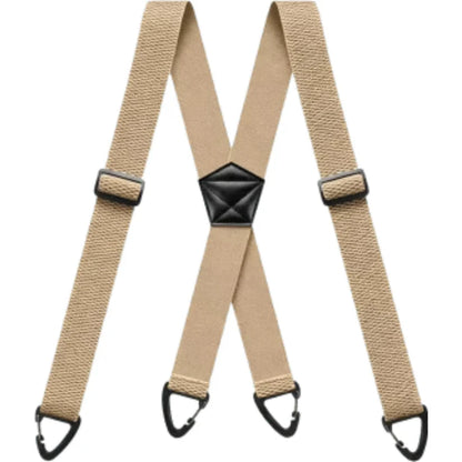 Beige X-back braces laid flat, with black adjusters, central patch and four black clips 9