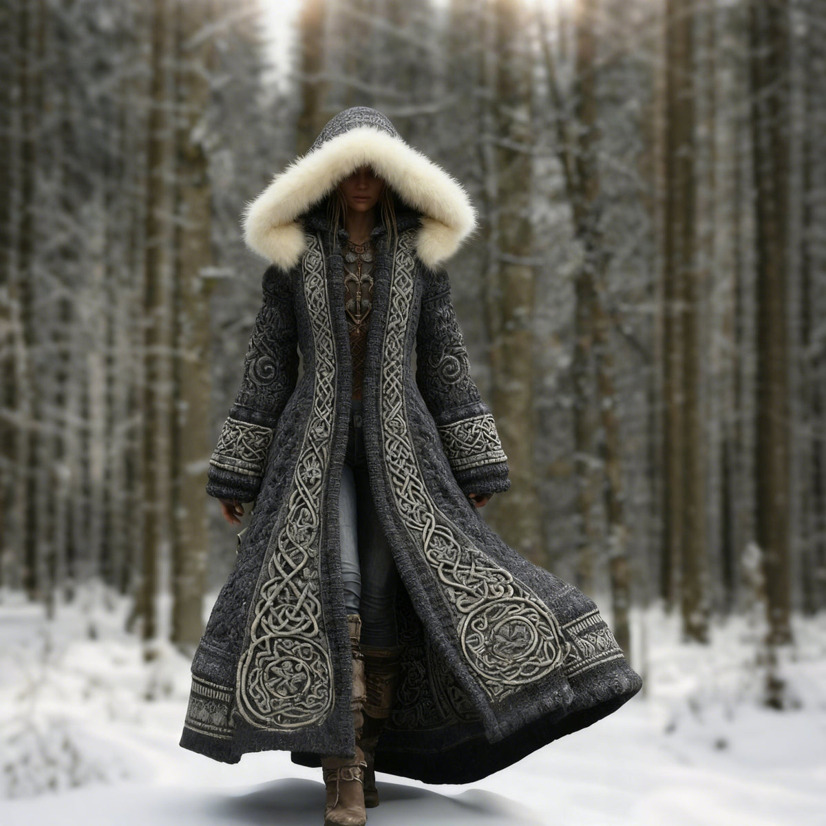 Model in the charcoal grey version of the coat, in a closer, square-cropped view in a snowy forest 5
