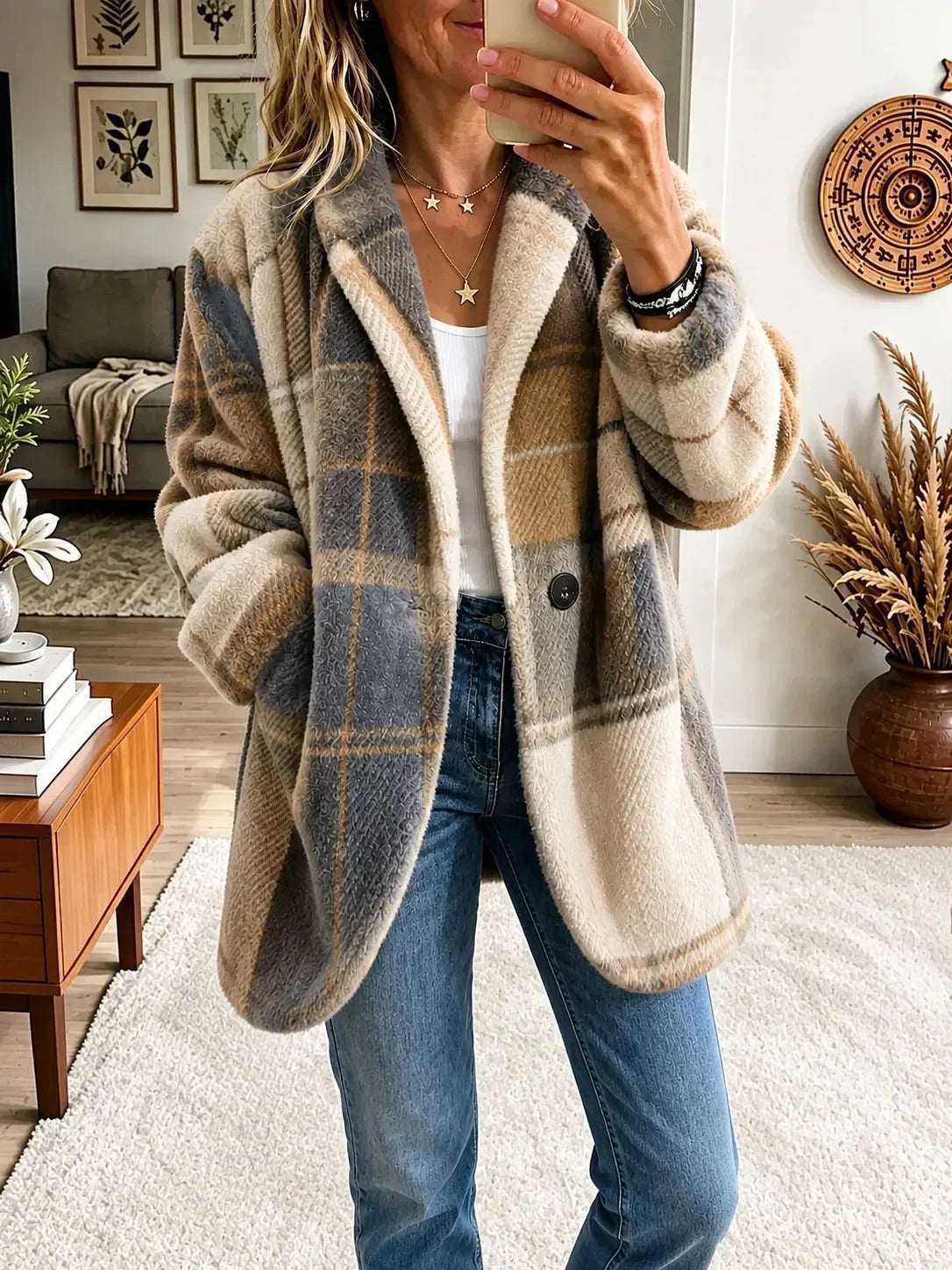 Model wearing the textured fluffy coat in a muted grey, camel and cream check, open over a white top and jeans. 6