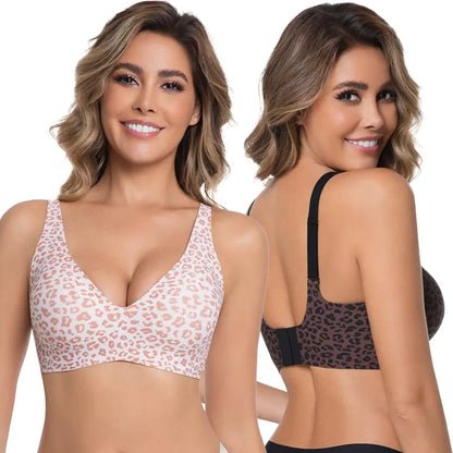 Two views of a smiling model in leopard-print bras, front in pink and back in brown 12