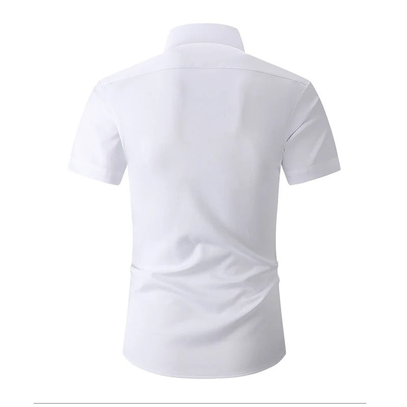Back view of the white short-sleeved shirt, showing a plain back yoke and collar 2
