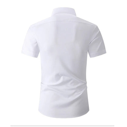 Back view of the white short-sleeved shirt, showing a plain back yoke and collar 2