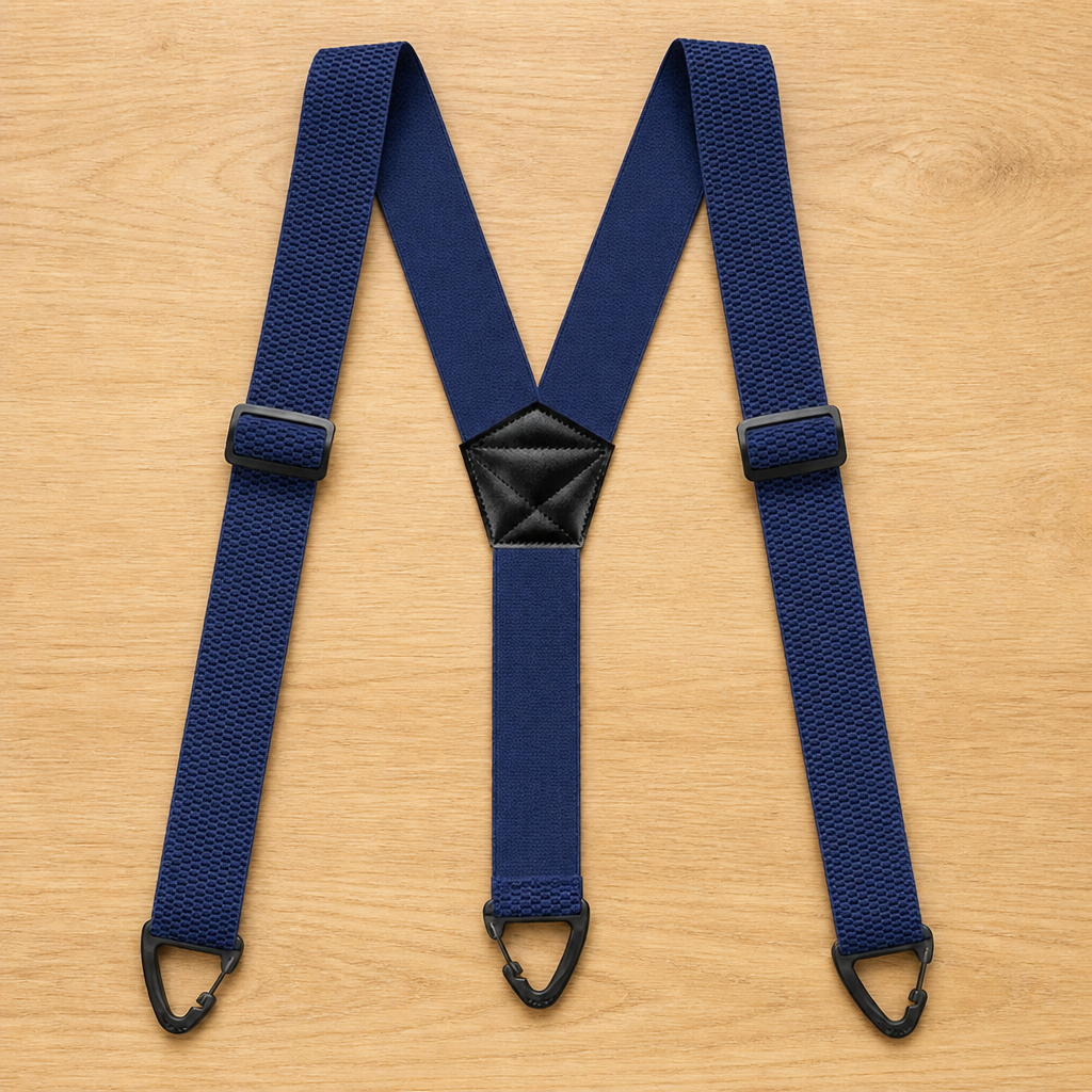 Navy blue Y-back suspenders laid flat on a wooden surface, with black adjusters, centre patch and three black clips. 11