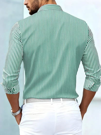 Back view of the green and white striped shirt on a model, showing plain vertical stripes across the back and sleeves. 5