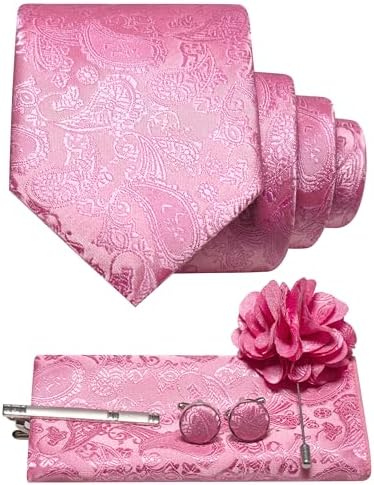 Bright pink paisley tie set with folded pocket square, cufflinks, tie clip and flower brooch 26