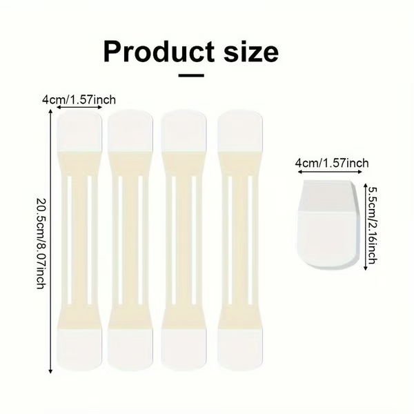 Diagram of four neck lift strips and one end tab with their length and width dimensions marked. 7