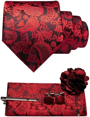 Red and black paisley tie set with pocket square, cufflinks, tie clip and flower brooch 8