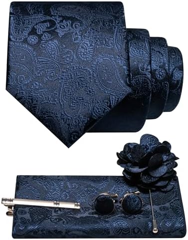 Navy blue paisley tie set with matching pocket square, cufflinks, tie clip and flower brooch 6
