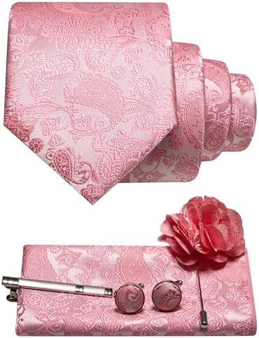 Coral pink paisley tie set with pocket square, cufflinks, tie clip and flower lapel pin 29