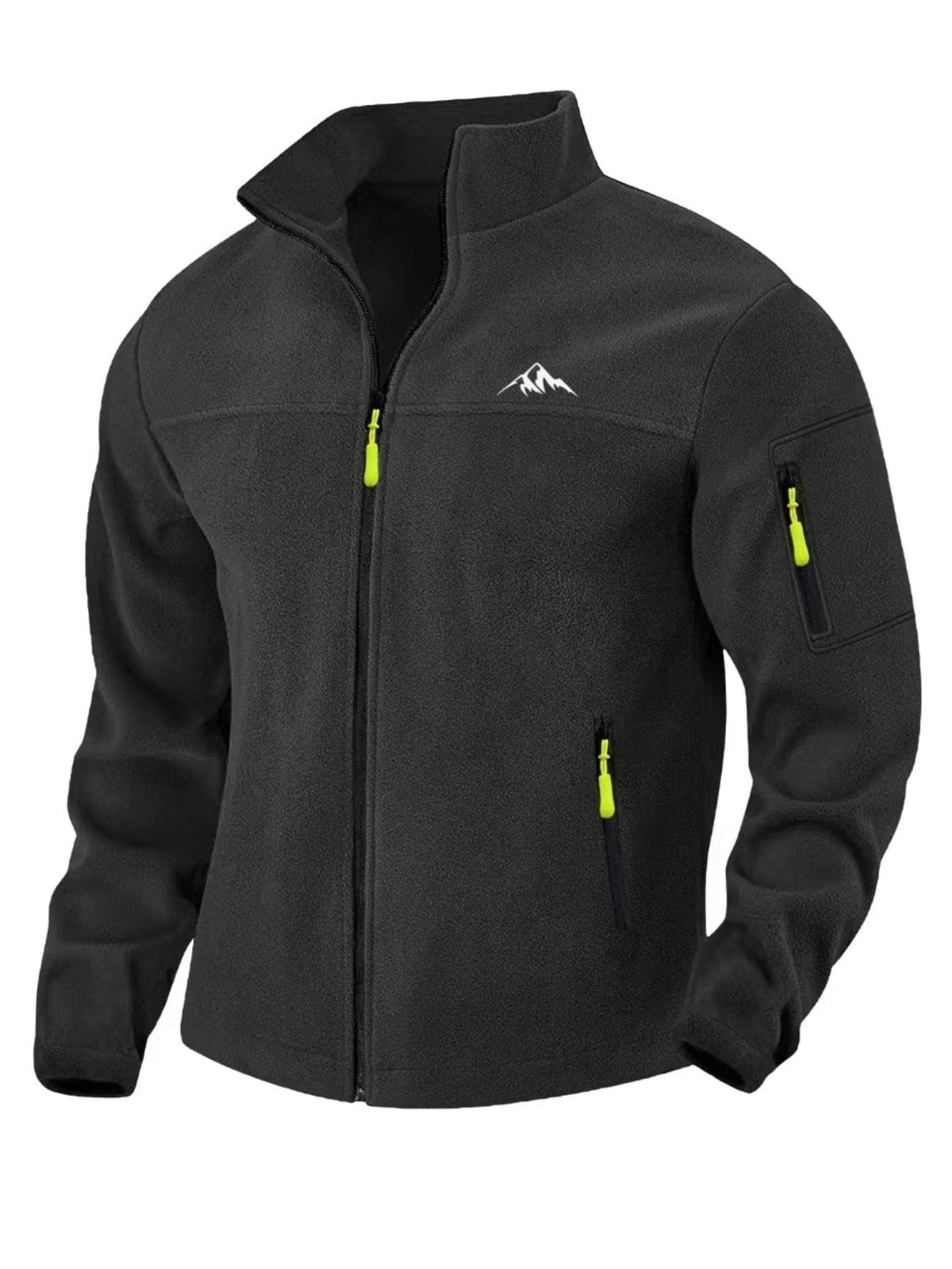 Front view of the black fleece jacket with bright yellow-green zip pulls and a sleeve pocket 6