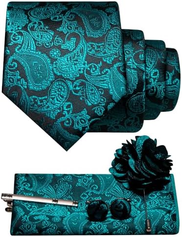 Teal and black paisley tie set with pocket square, cufflinks, tie clip and flower lapel pin 25