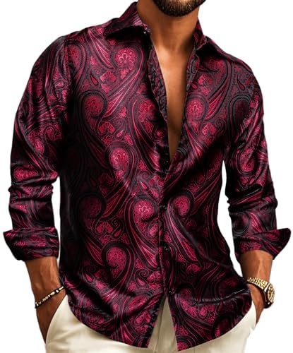 Model wearing the long-sleeve shirt in dark burgundy with a bold black paisley jacquard pattern, collar open, hands in pockets. 2