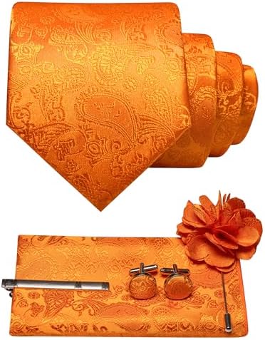 Vivid orange paisley tie set displayed with pocket square, cufflinks, tie clip and flower lapel pin 7