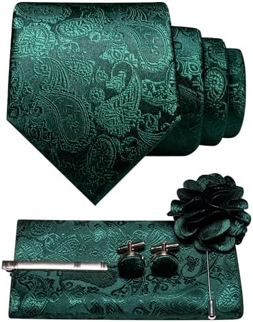 Dark emerald green paisley tie set with matching pocket square, cufflinks, tie clip and flower brooch 4