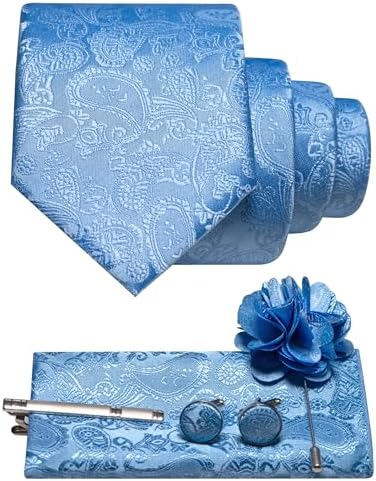 Sky blue paisley tie set with pocket square, cufflinks, tie clip and flower lapel pin 33