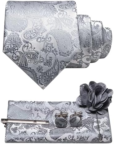 Silver grey paisley tie set with pocket square, cufflinks, tie clip and flower lapel pin 31
