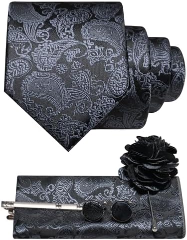 Charcoal grey and black paisley tie set with pocket square, cufflinks, tie clip and flower brooch 12