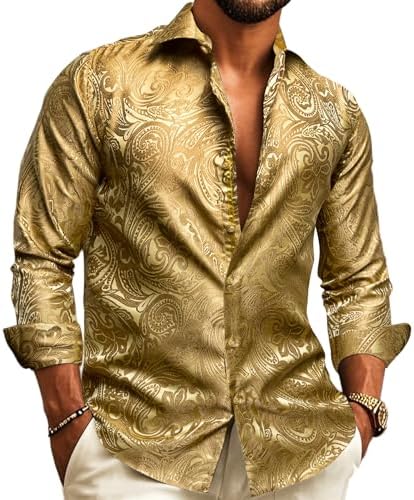 Model wearing the long-sleeve shirt in shimmering champagne gold with a tonal paisley jacquard pattern and open collar. 8