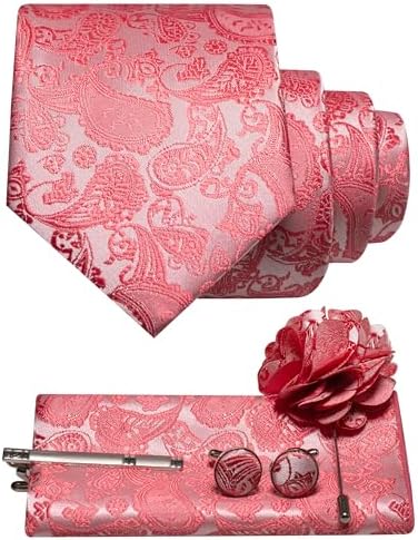 Coral pink paisley tie set arranged with pocket square, cufflinks, tie clip and flower lapel pin 3