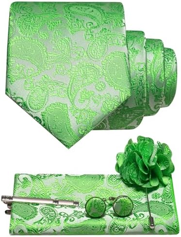 Lime green paisley tie set with matching pocket square, cufflinks, tie clip and flower lapel pin 17