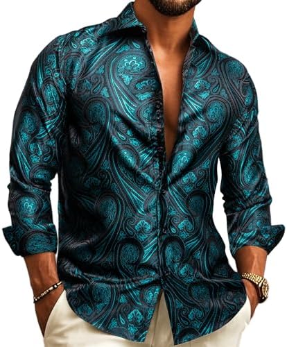 Model wearing the long-sleeve shirt in black with large teal paisley motifs woven into the jacquard fabric. 5