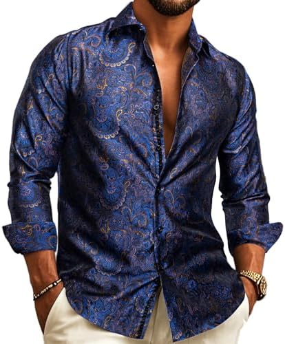Model wearing the long-sleeve shirt in royal blue with gold and brown paisley jacquard detailing and an open collar. 4