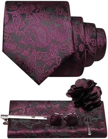 Burgundy and black paisley tie set with pocket square, cufflinks, tie clip and flower lapel pin 27