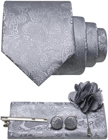 Slate grey paisley tie set with pocket square, cufflinks, tie clip and flower brooch 32