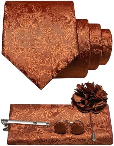Burnt orange rust paisley tie set with pocket square, cufflinks, tie clip and flower lapel pin 15
