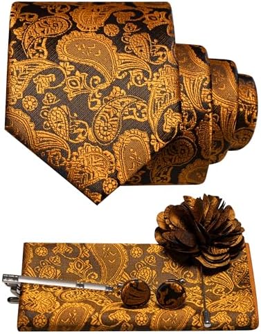 Copper and dark brown paisley tie set with pocket square, cufflinks, tie clip and flower pin 11
