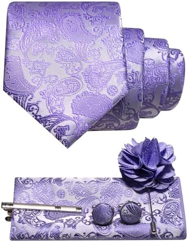Lilac paisley tie rolled above matching pocket square, cufflinks, tie clip and flower lapel brooch 21