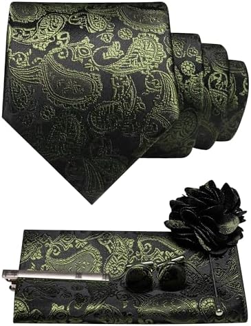 Black and olive green paisley tie set with pocket square, cufflinks, tie clip and brooch 24