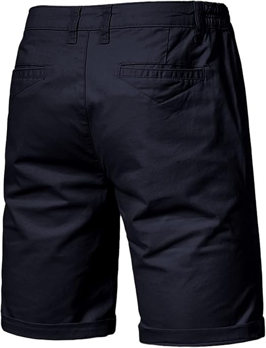 Back view of dark navy shorts showing two welt pockets, belt loops and rolled hems 7