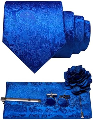 Royal blue paisley tie set with matching pocket square, cufflinks, tie clip and flower brooch 10