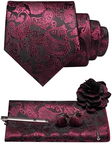 Wine red and black paisley tie set with pocket square, cufflinks, tie clip and brooch 35