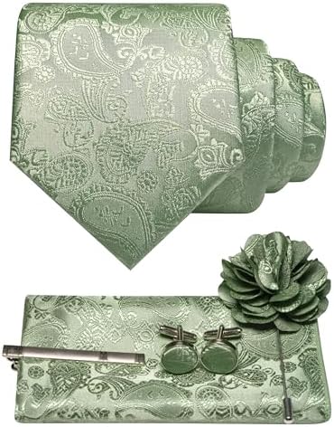 Sage green paisley tie set with pocket square, cufflinks, tie clip and flower brooch 30