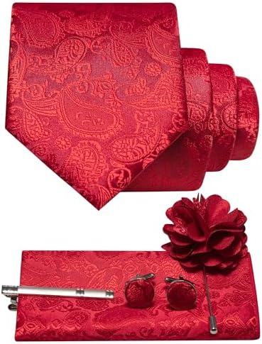 Bright red paisley tie set arranged with pocket square, cufflinks, tie clip and flower lapel pin 13