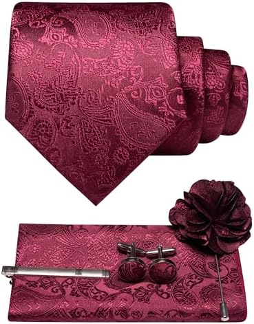 Burgundy paisley tie set laid out with pocket square, cufflinks, tie clip and flower lapel pin 1