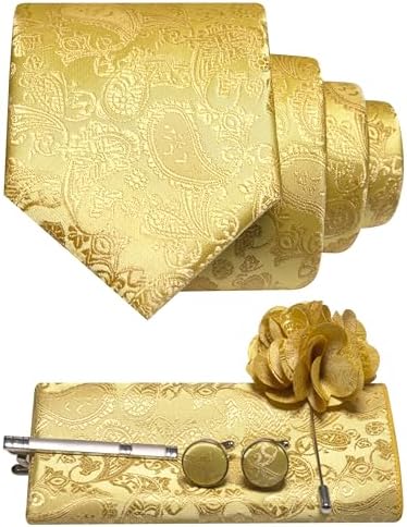 Bright golden yellow paisley tie set with pocket square, cufflinks, tie clip and flower lapel pin 5