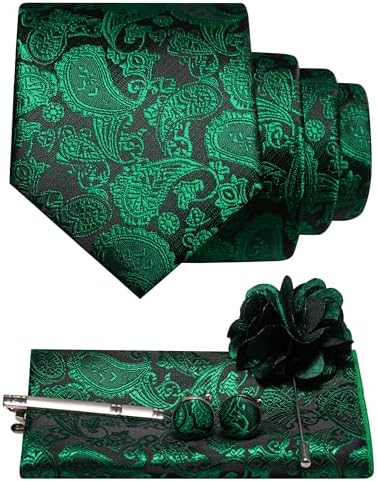 Green and black paisley tie set with pocket square, cufflinks, tie clip and flower brooch 18