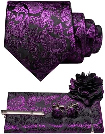 Purple and black paisley tie set with pocket square, cufflinks, tie clip and flower brooch 28