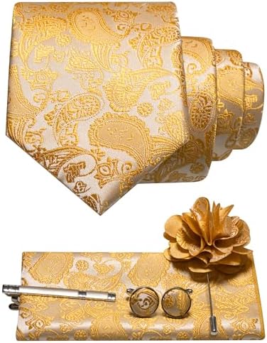 Golden yellow and cream paisley tie set with pocket square, cufflinks, tie clip and flower brooch 16