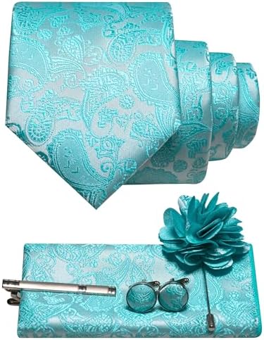Aqua turquoise paisley tie set with pocket square, cufflinks, tie clip and flower brooch 34