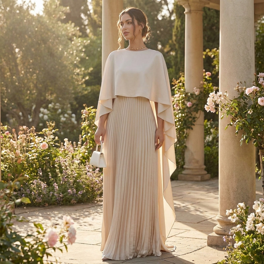 Model wearing the cream dress outdoors in a sunlit garden with roses and stone columns 5