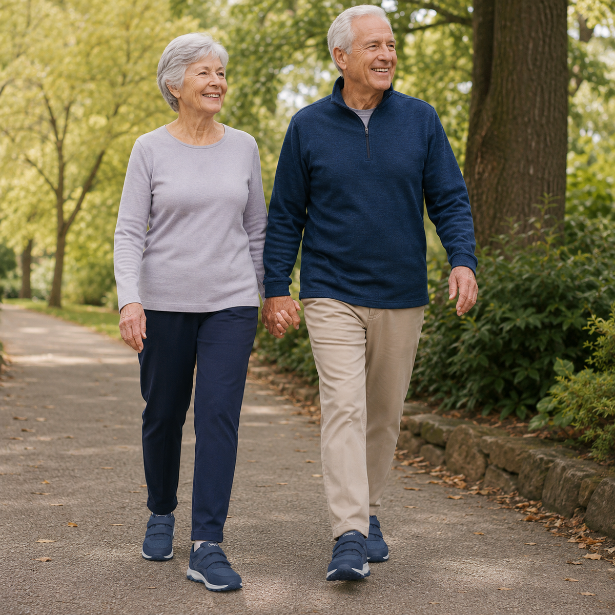Smiling older couple holding hands on a tree-lined park path, both wearing navy strap shoes 6