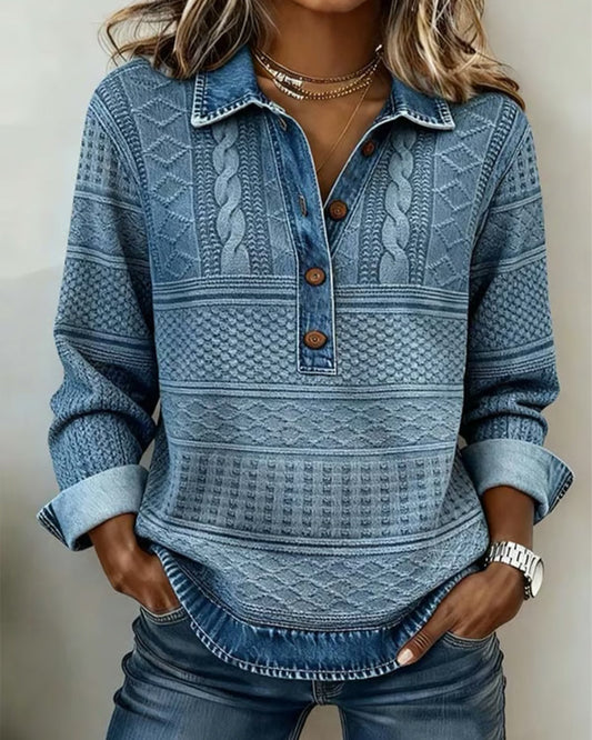 Woman wearing the blue sweater with hands in jeans pockets, showing full front and rolled cuffs 1