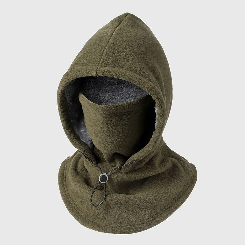 Olive green fleece hood with grey plush lining and a drawstring toggle at the neck 1