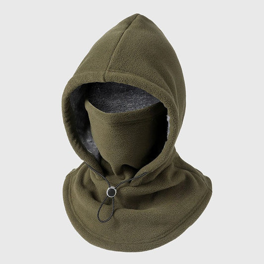 Olive green fleece hood with grey plush lining and a drawstring toggle at the neck 1