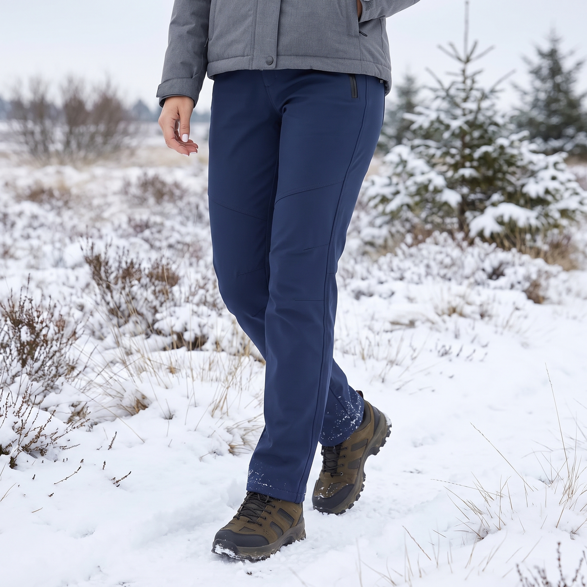 Navy trousers worn by a walker in hiking boots across a snowy heathland 1