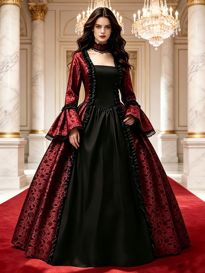 Model wearing the red version of the gown with black front panel and ruffles, standing in a marble hall with chandeliers. 9